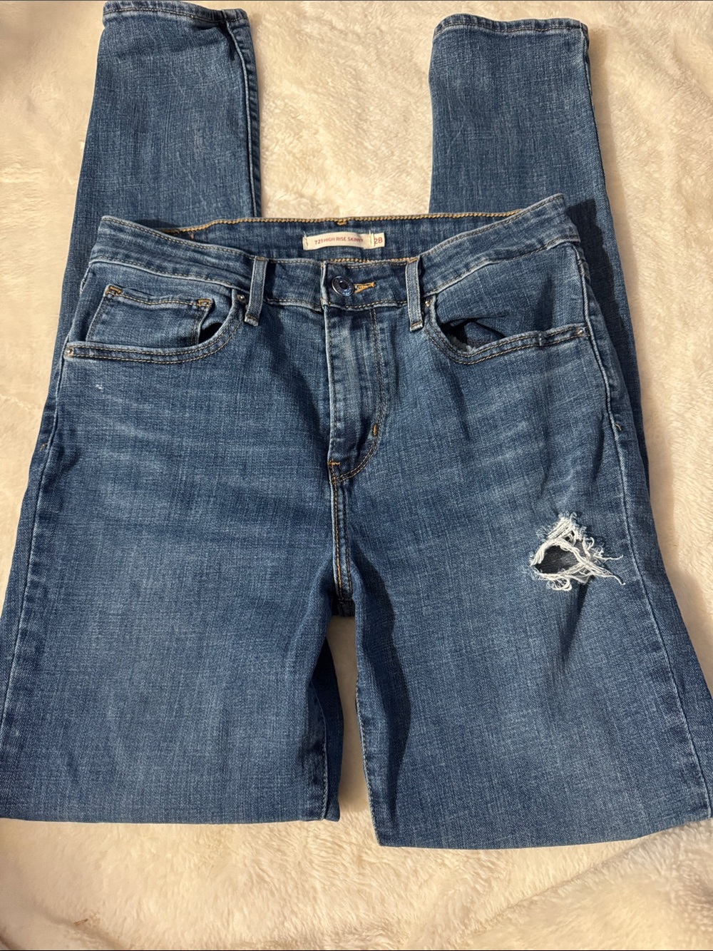 Levi's Women's 721 Blue Skinny Jeans with Distressed Detail